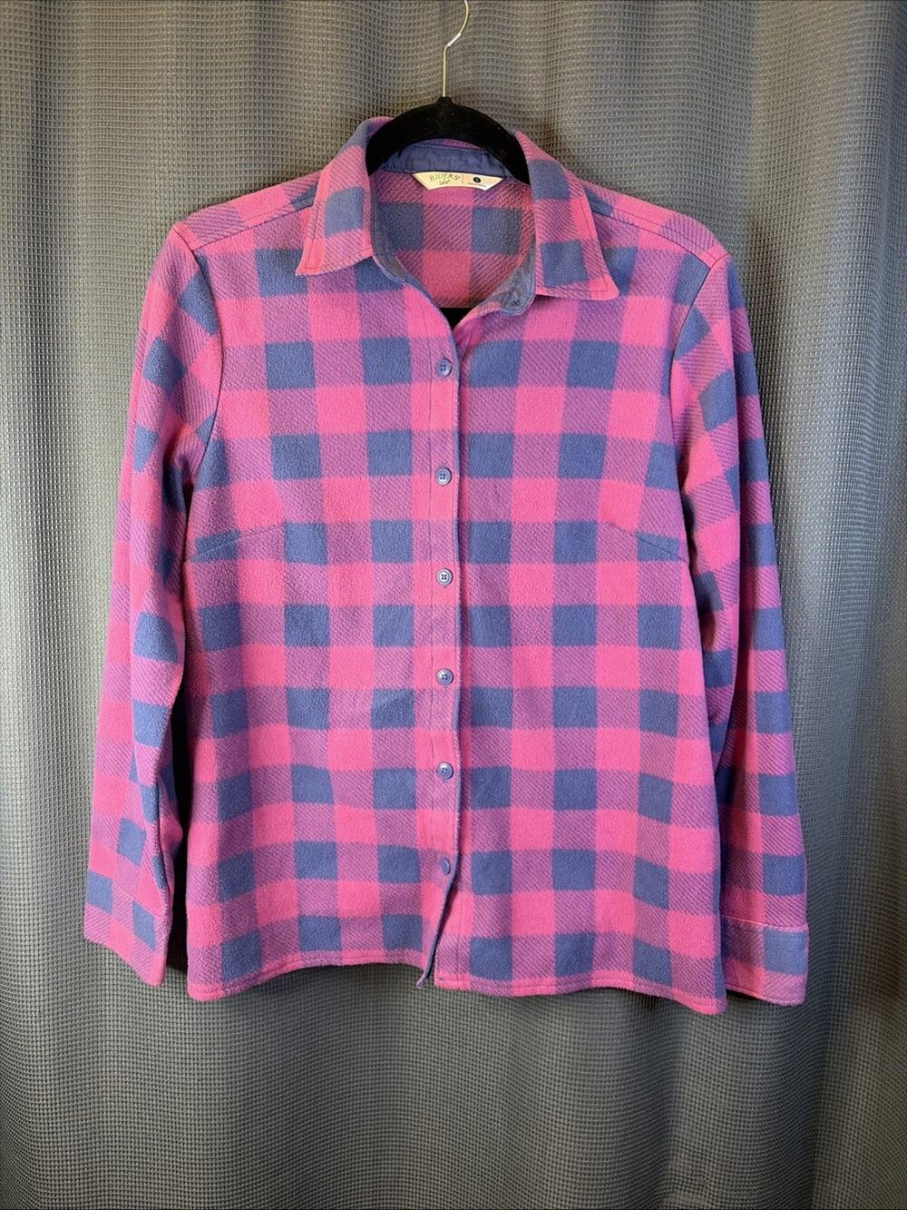 Riders by Lee Pink Blue Plaid Fleece Button Front Shirt Women’s Small